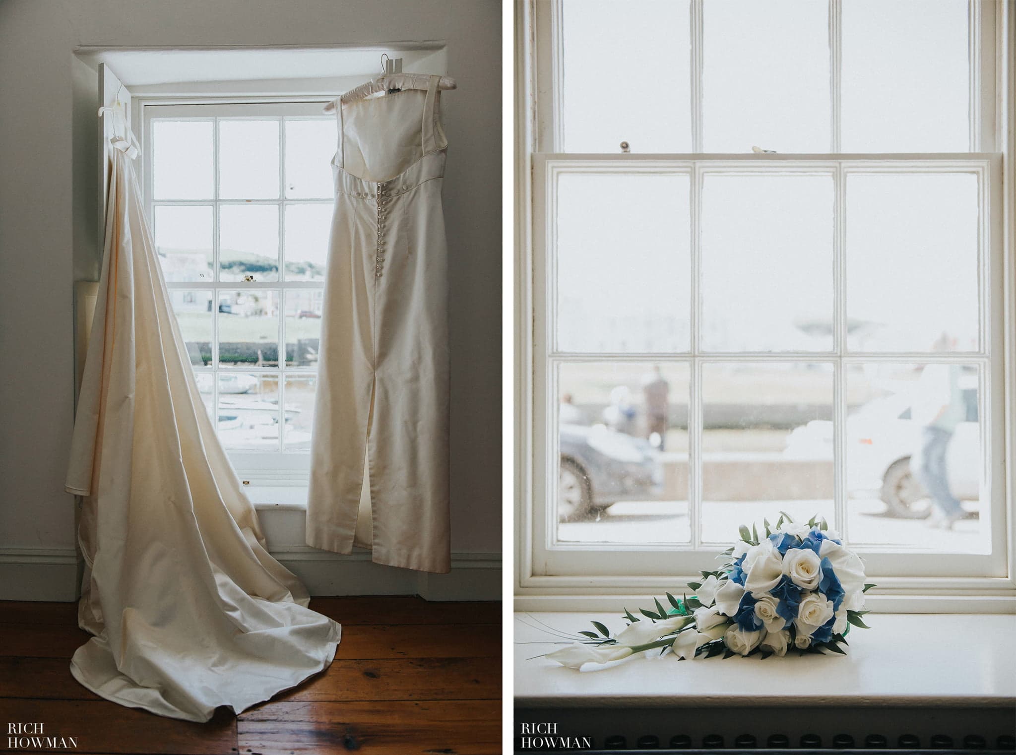 The brides dress photographed hanging in a window before her wedding at llancharaeon.