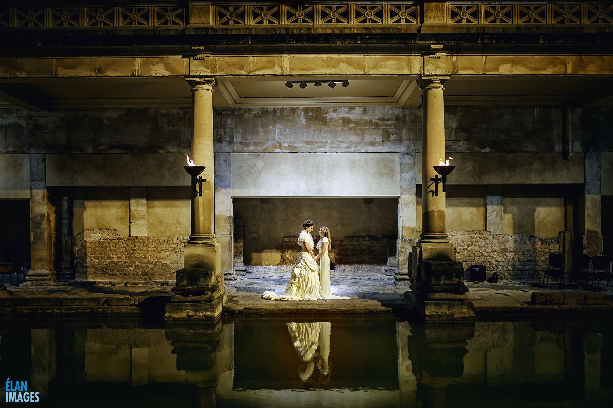 A stunning civil ceremony beside the Great Bath by torchlight 2 Evening wedding at the Roman Pump Rooms Bath