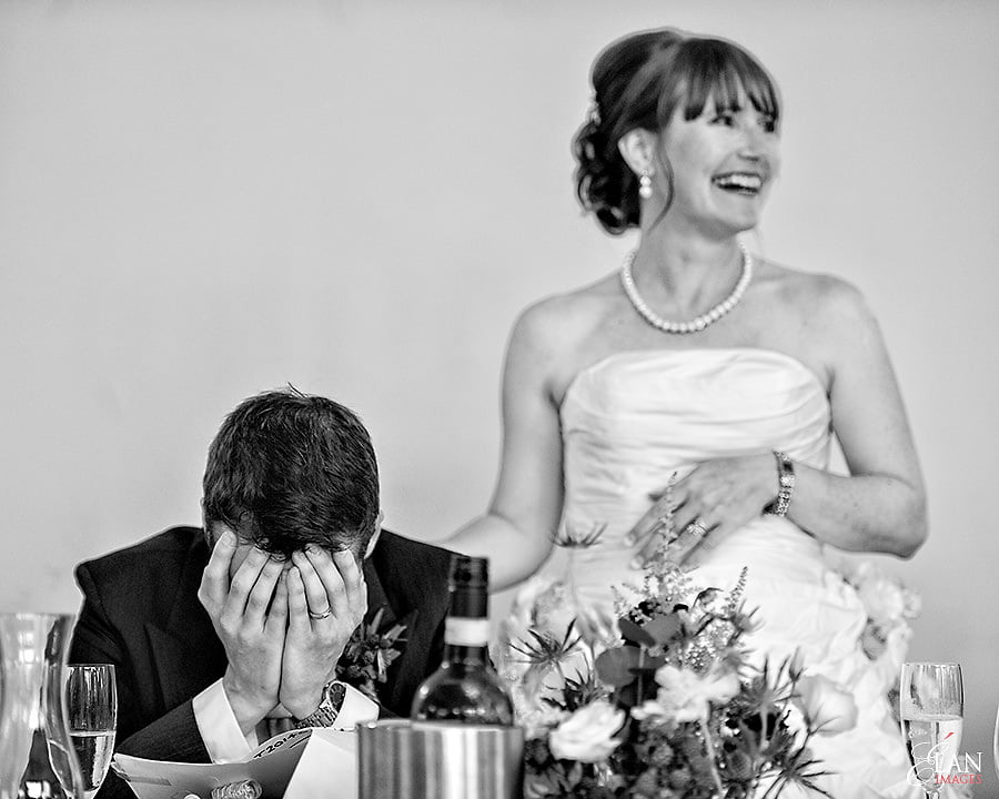 Monkeying around at a wedding - Coombe Lodge, Blagdon 8 Thje Brides speech at Coombe Lodge Blagdon - the groom holding his head in his hands